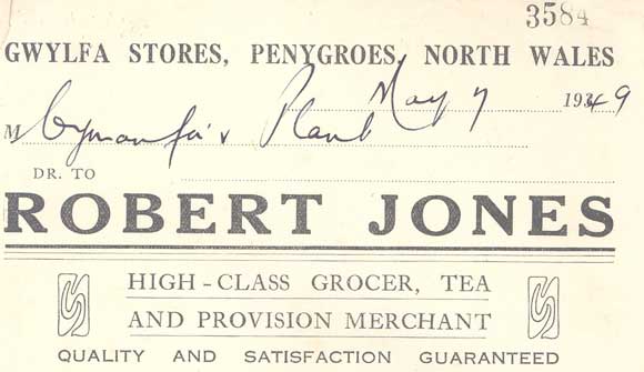 An invoice from Gwylfa Stores, Penygroes
