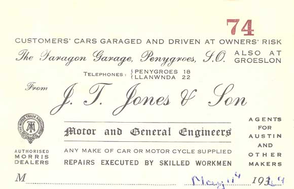 An invoice from The Paragon Garage, Penygroes