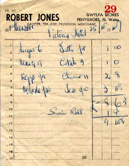 A receipt from Gwylfa Stores, Penygroes for the Victoria Hotel