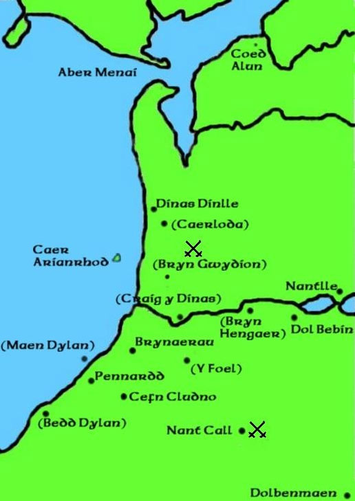 Map o'r llefydd sy'n ymwneud gyda Phedwar Cainc y Mabinogi