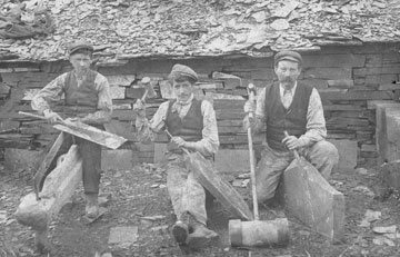 Three quarrymen working in one of the Nantlle Valley's slate quarries (circa 1890)